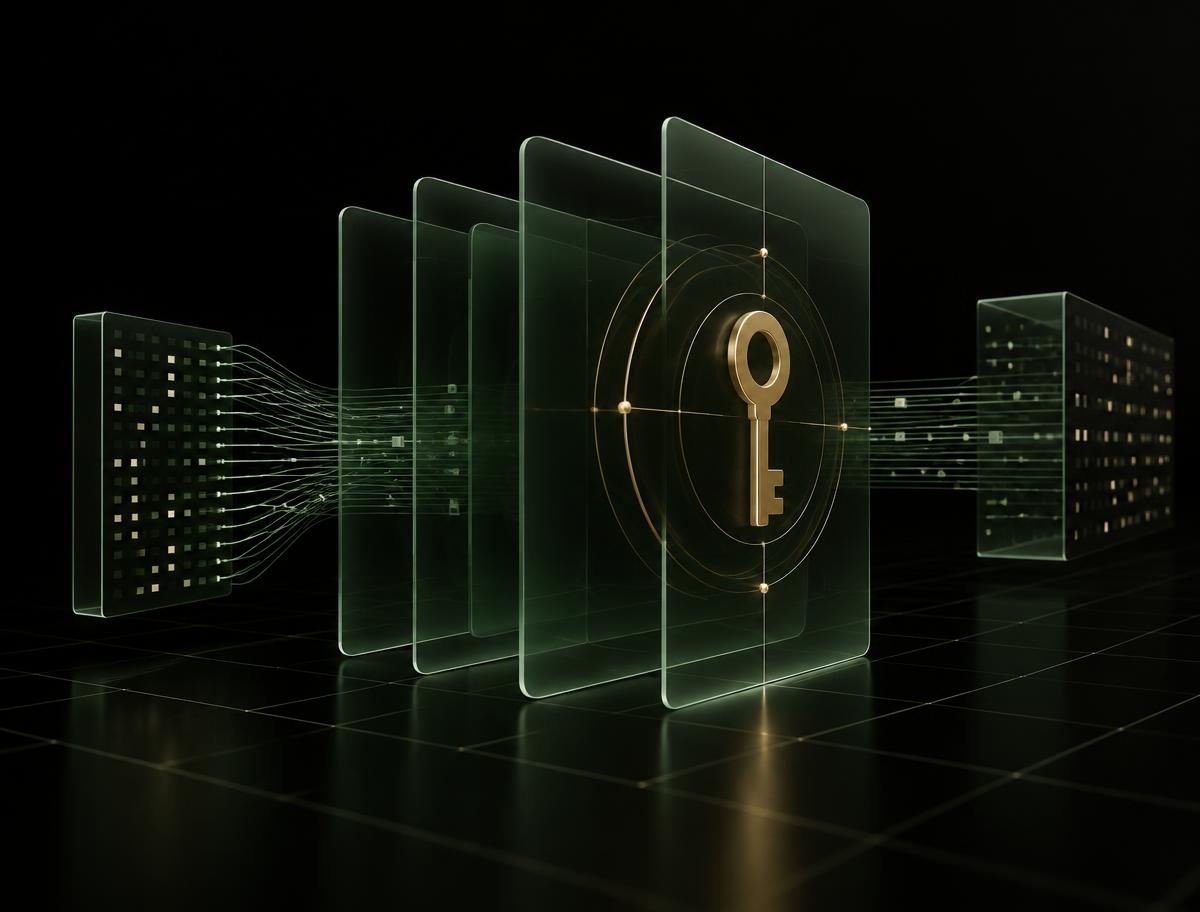 Abstract render of layered secure data panels with a gold key