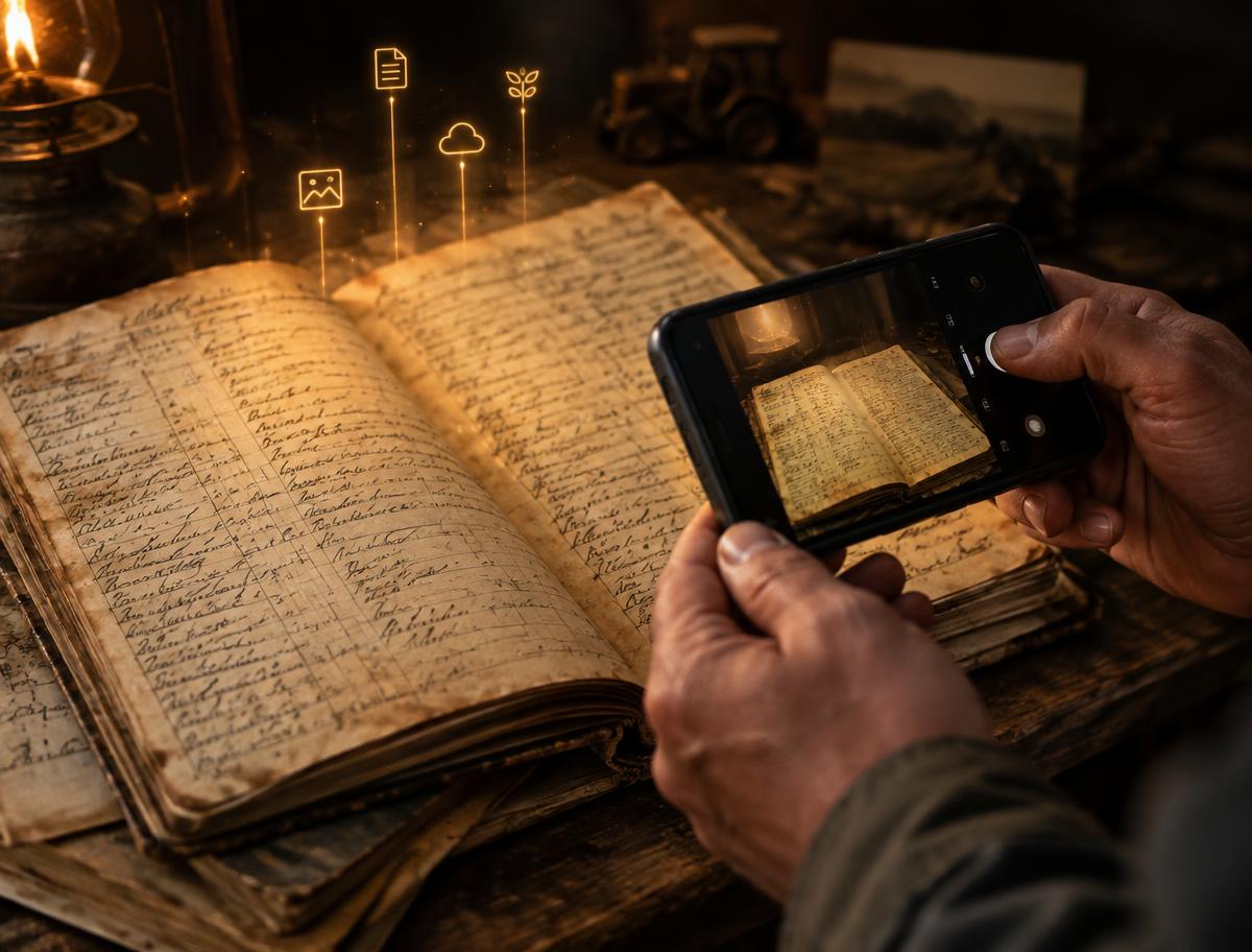 A handwritten farm ledger being photographed with a phone