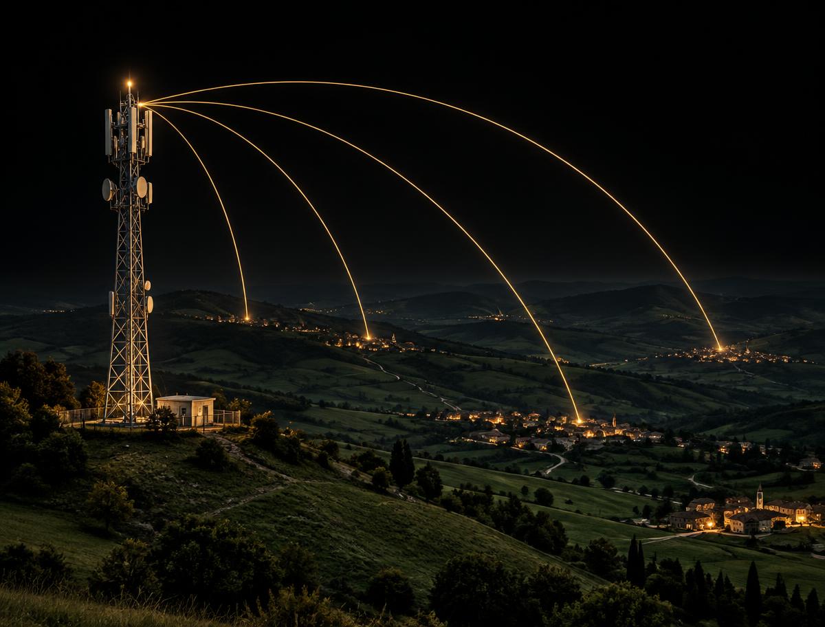 A rural telecom mast sending signal arcs across green hills at night